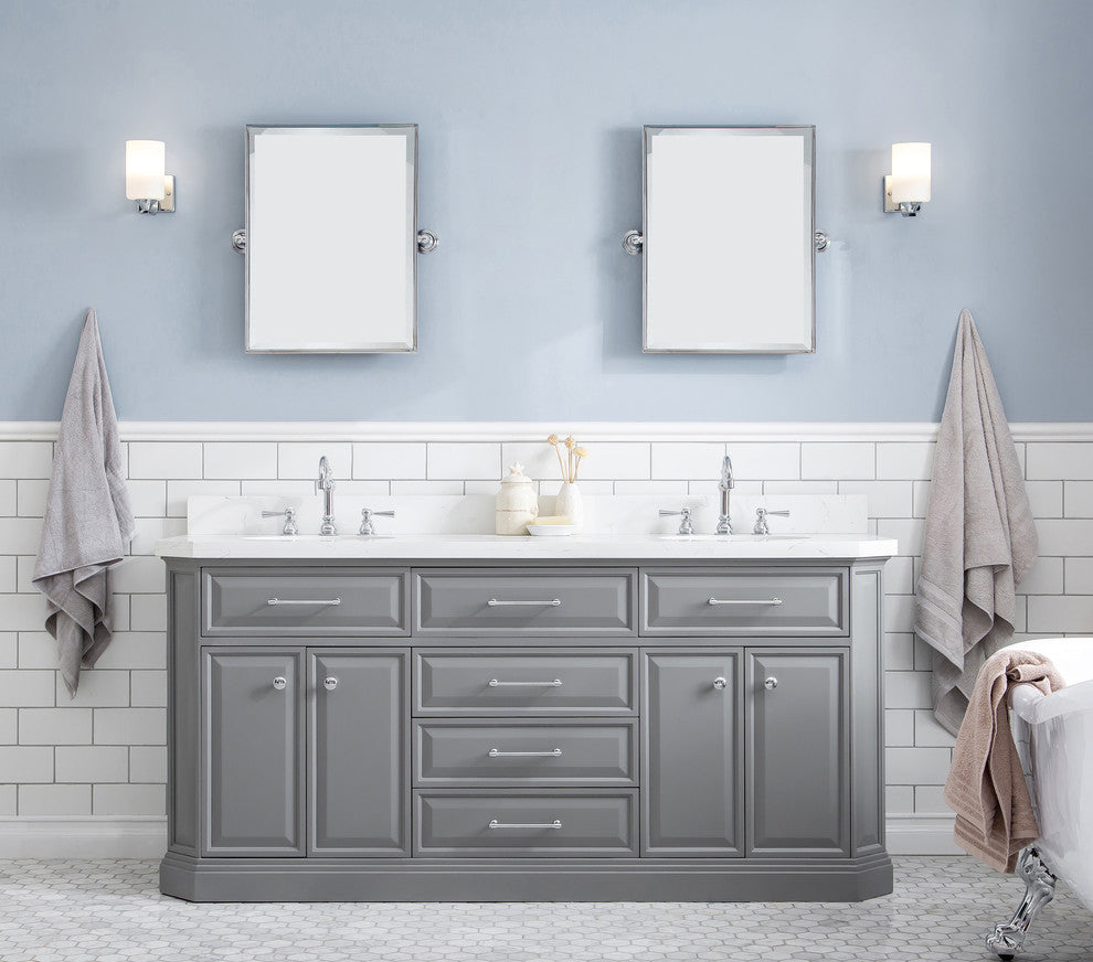 72" Palace Quartz Carrara Cashmere Gray Vanity With Hardware, Faucets in Chrome