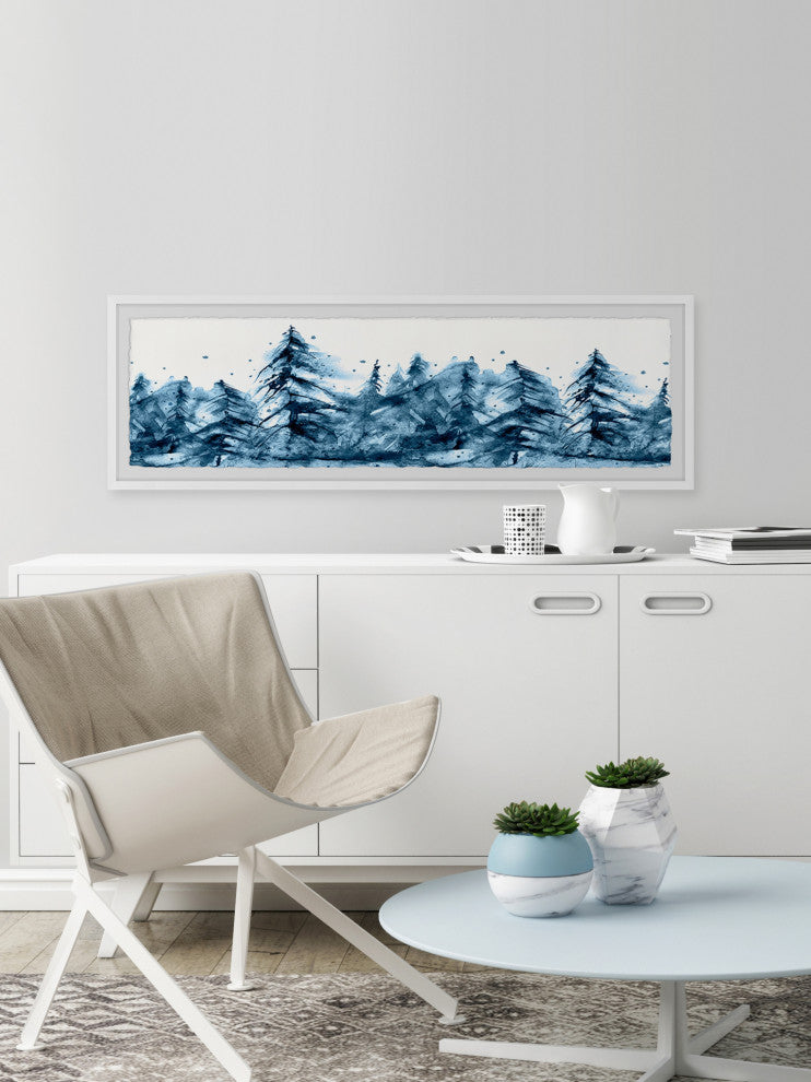"Blue Foggy Forest" Framed Painting Print, 30x10