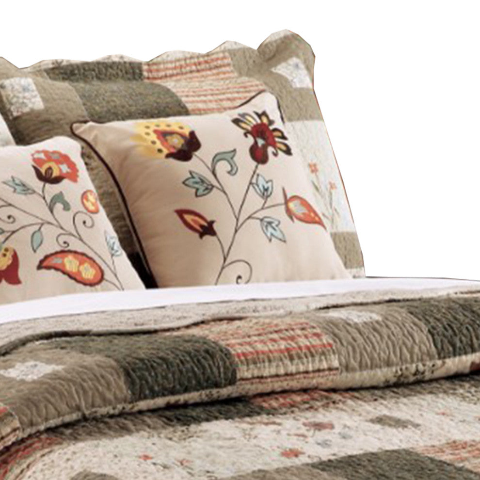 Benzara BM102056 4 Piece Twin Quilt Set, Floral Print/Scalloped Edges, Brown