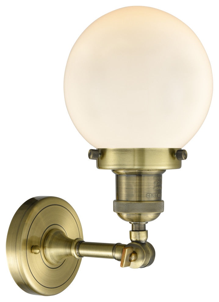 1-Light Beacon 6" Sconce, Antique Brass, Glass: Matte White Cased