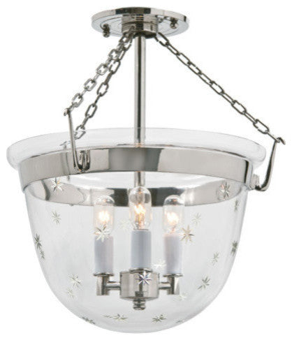 Small Semi Flush Classic Bell Lantern In Tiny Star Glass, Polished Nickel