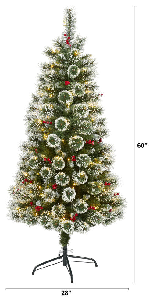 5' Frosted Swiss Pine Faux Christmas Tree With 200 Clear LED Lights and Berries