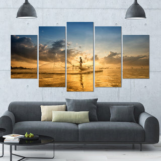 Pakpra with Fisherman at Sunrise, Landscape Canvas Art Print, 60"x32", 5 Panels