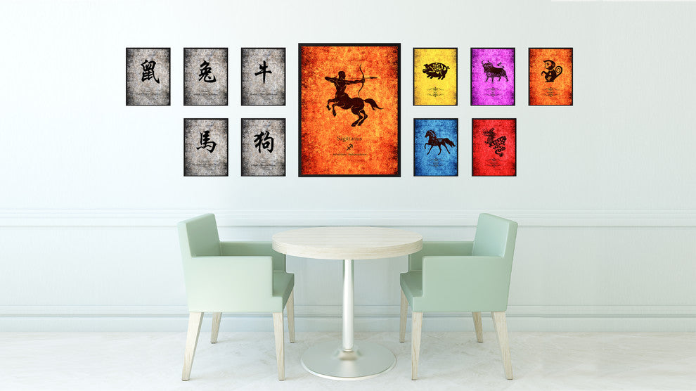 Sagittarius Horoscope Astrology Orange Print on Canvas Framed, 13"x17"