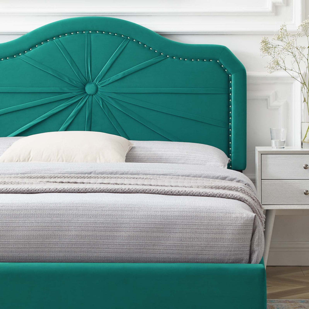 Platform Bed Frame, Full Size, Velvet, Teal Blue, Modern Contemporary, Bedroom