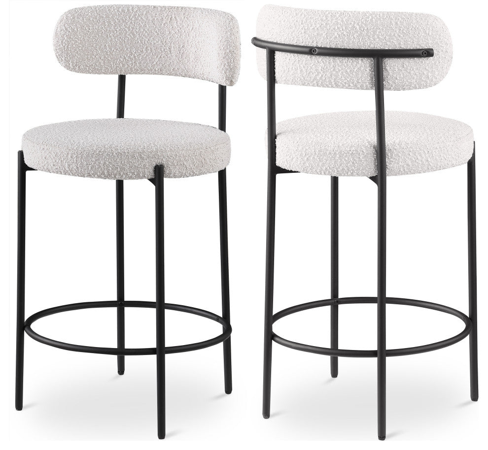 Beacon Upholstered Stool, Set of 2, Cream, Matte Black Finish, Boucle Fabric