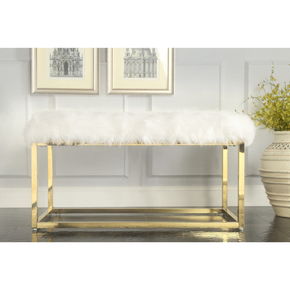 Astraea Faux Fur Metal Frame Ottoman Bench, White/Gold