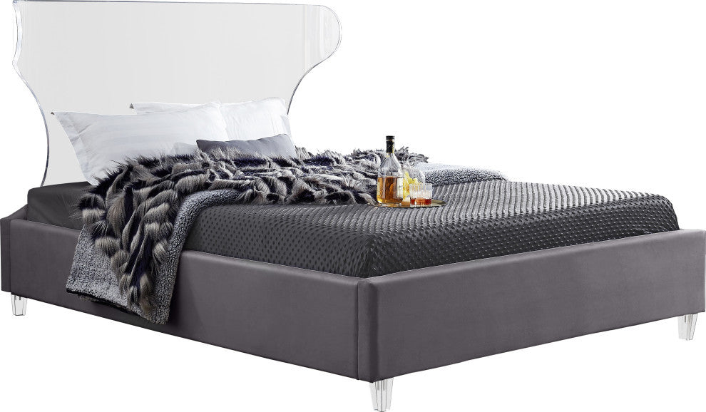 Ghost Velvet Upholstered Bed, Gray, King