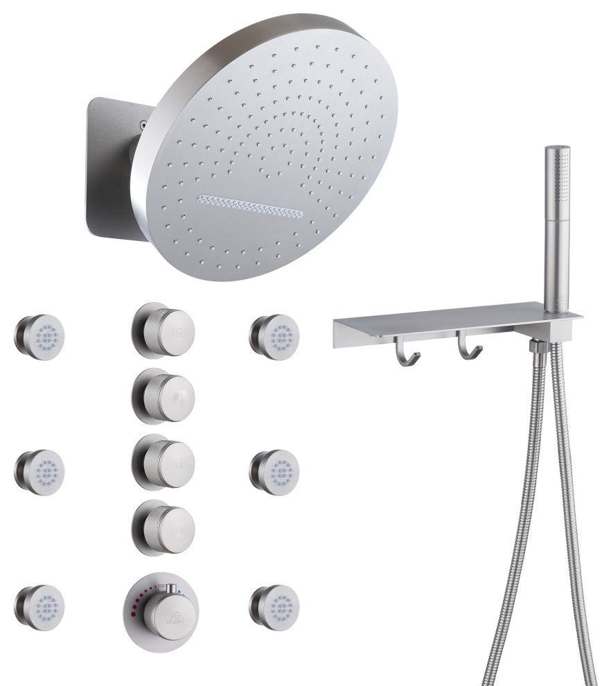 12inch Adjustable Shower Head With Shelf and Spray Gun Function, Brushed Nickel