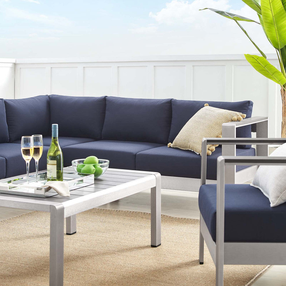Sectional Sofa Chair Table Set, Sunbrella, Aluminum, Silver Blue Navy, Outdoor