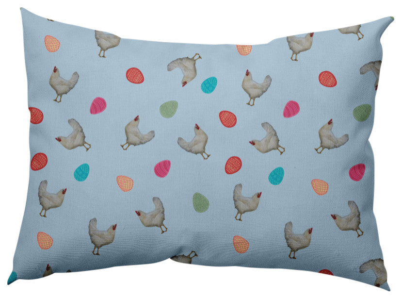 Chickens and Eggs Easter Indoor/Outdoor Lumbar Pillow, After Rain Blue, 14x20"