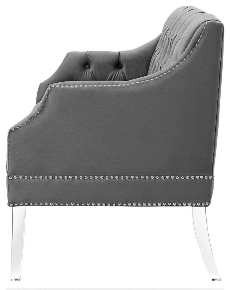 Tufted Loveseat Sofa, Velvet, Gray, Modern, Living Lounge Hotel Hospitality