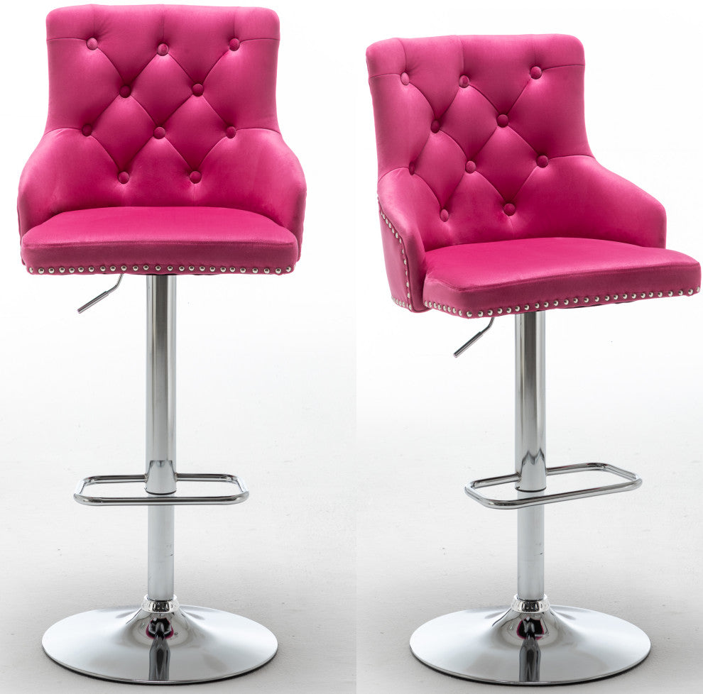 Upholstered 25"-33" Adjustable High Back Dining Stools Set of 2, Pink