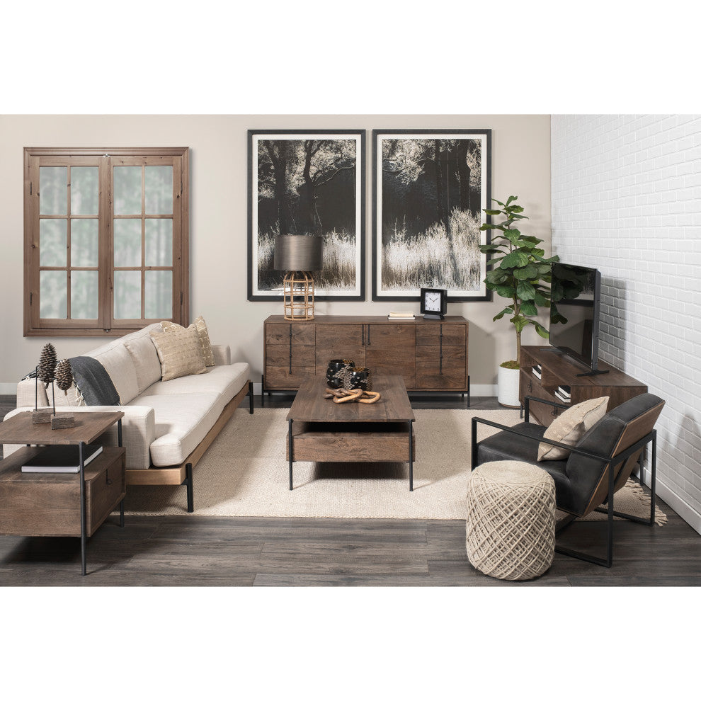 Glenn II 54x30 Brown Solid Wood Black Metal Base With3 Drawers Coffee Table