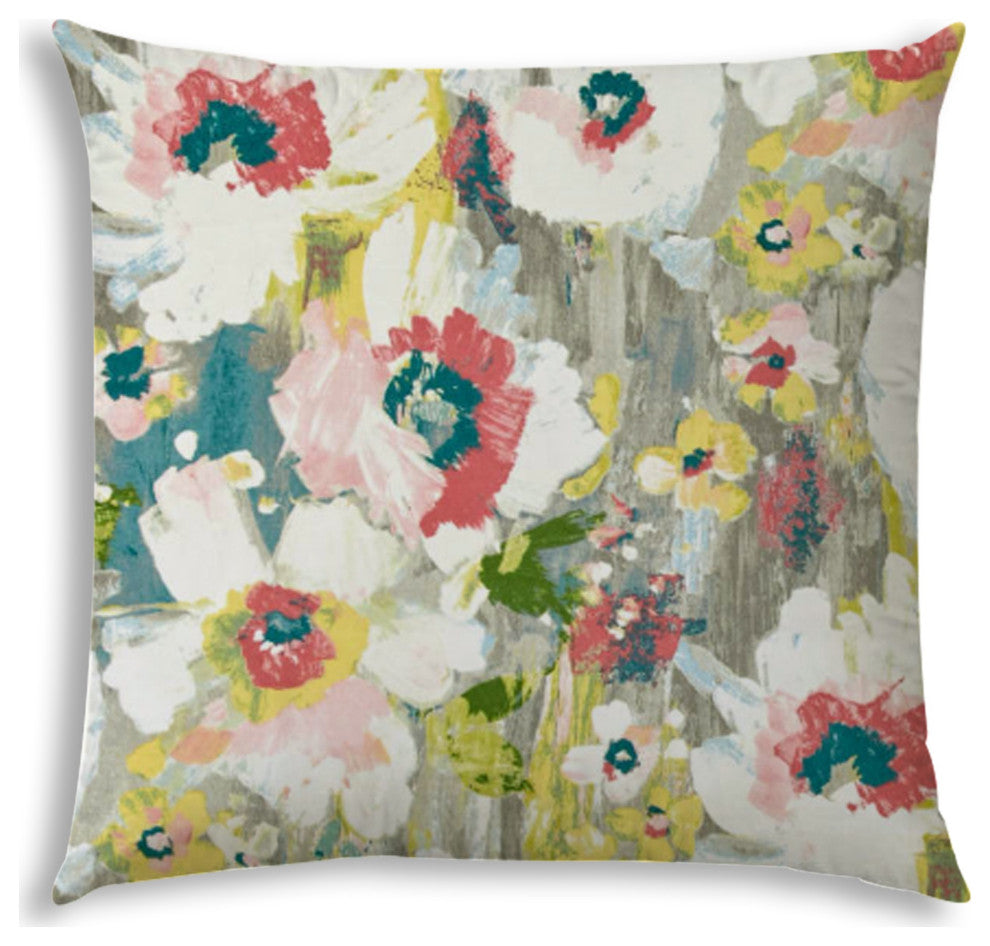Gray Floral Painted Indoor Outdoor Zippered Pillow Cover