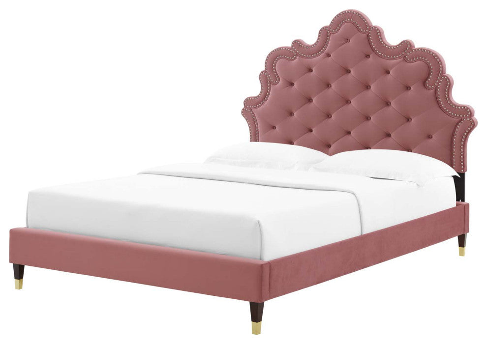 Tufted Platform Bed Frame, Queen Size, Velvet, Pink, Modern Contemporary