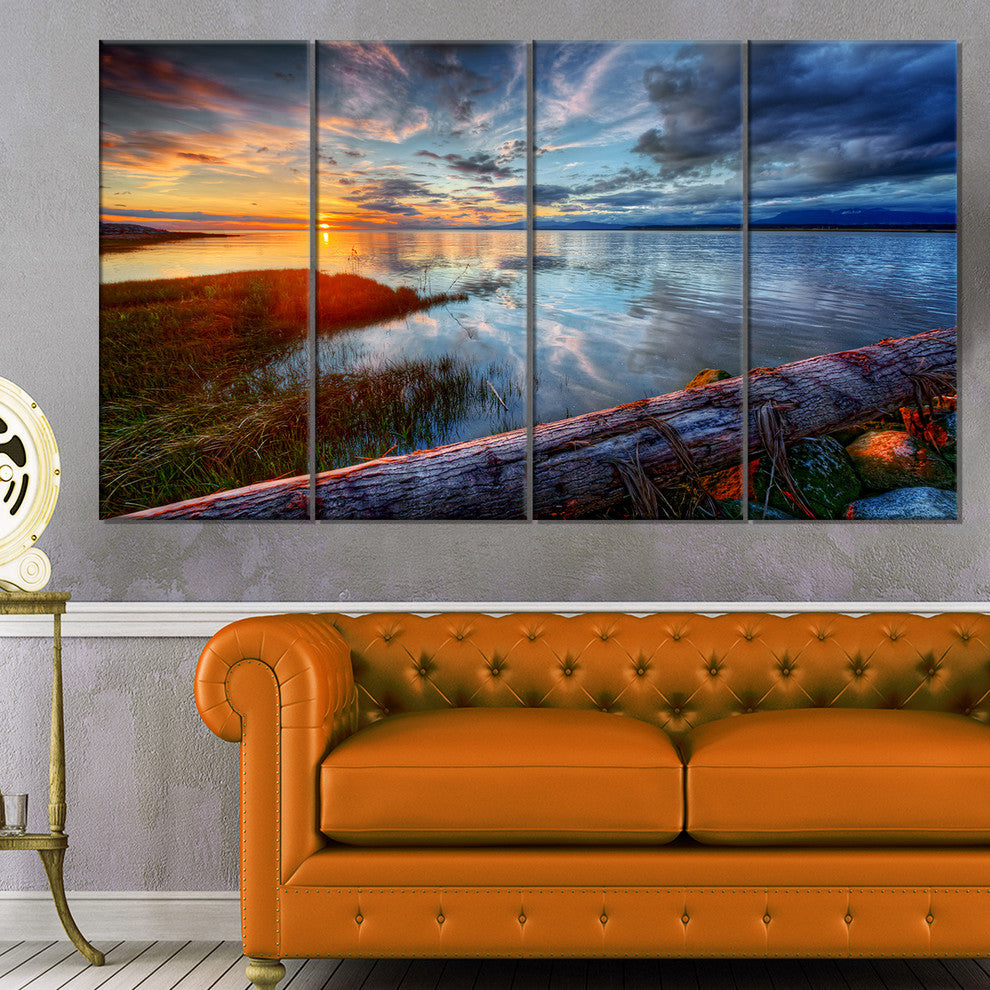 Colorful River Sunset With Log, Seashore Canvas Print, 48"x28", 4 Panels