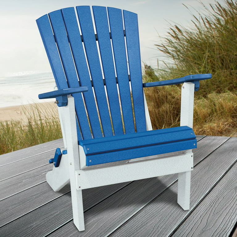 Traditional Adirondack Chair, Folding Design With Contoured Seat, Blue/White