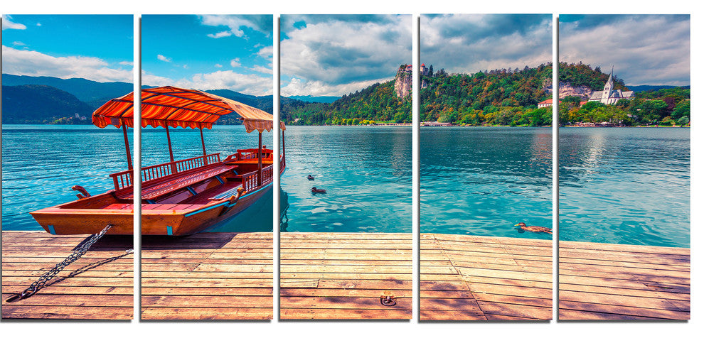 Boat in Lake Bled In Julian Alps, Landscape Canvas Print, 60"x28", 5 Panels