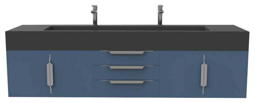 CastelloUSA Nile 72" Wall Mounted Bathroom Vanity Set, Blue, Black Top, Brushed Nickel