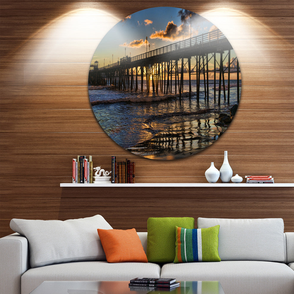 Pacific Ocean Sunset Oceanside Pier, Seascape Disc Metal Artwork, 23"