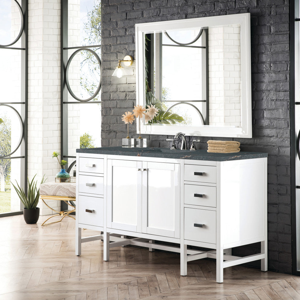 Addison 60" Single Vanity Cabinet, Glossy White, Glossy White, Parisien Bleu, Three-Hole