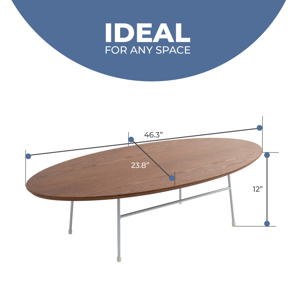 LeisureMod Rossmore Oval Coffee Table With White Steel Frame, Walnut