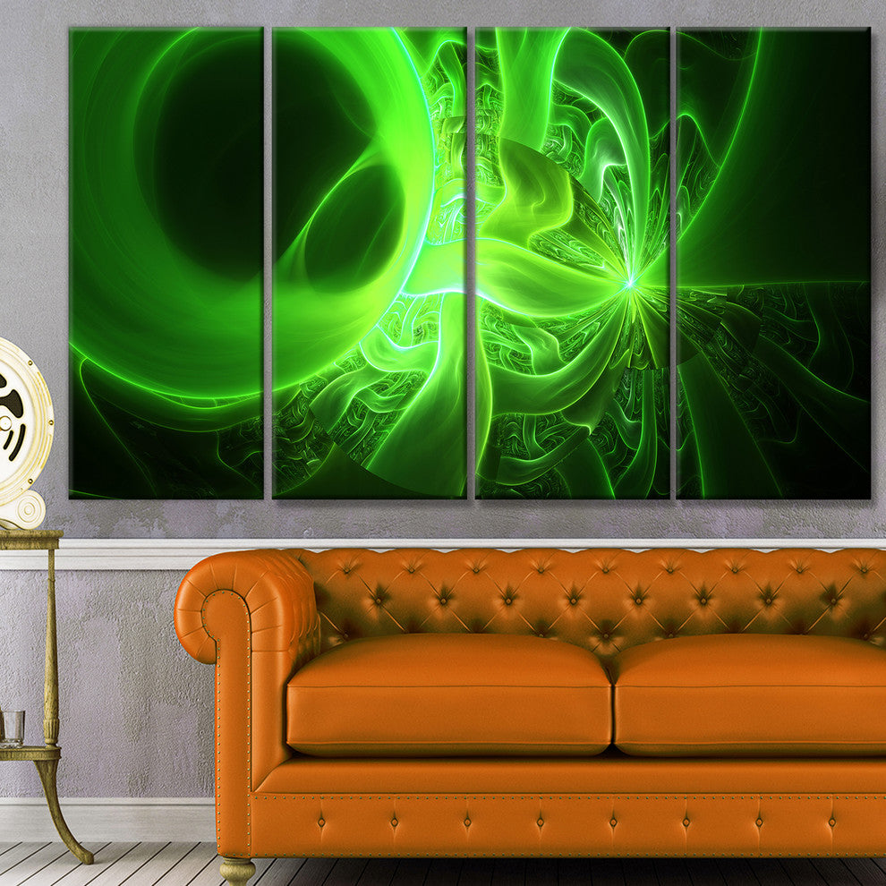 Bright Green Designs on Black, Abstract Wall Art Canvas, 48"x28", 4 Panels