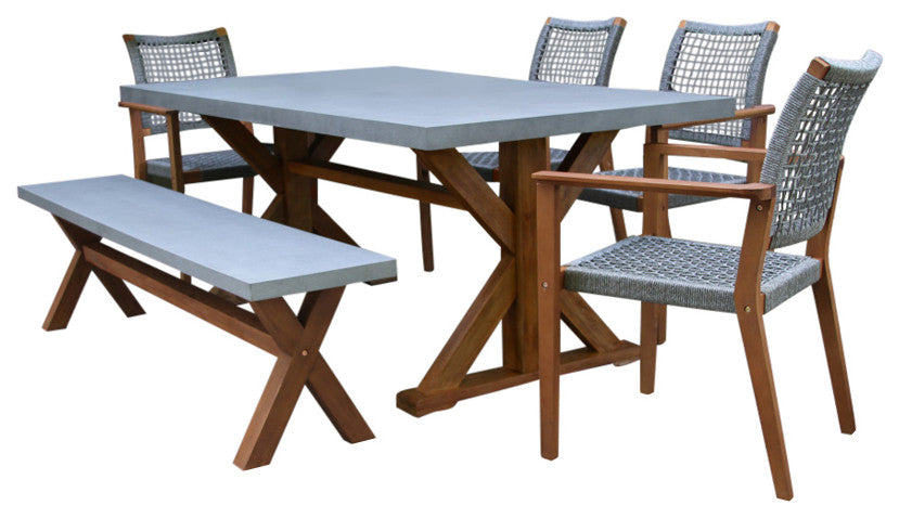 6-Piece Eucalyptus and Composite Dining Set With Bench and Stacking Armchairs