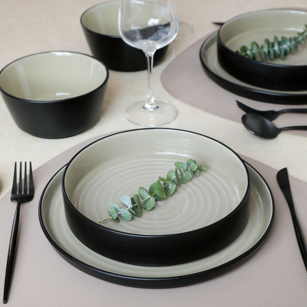 Stone Lain Elica Stoneware 24 Piece Dinnerware Set, Beige and Black