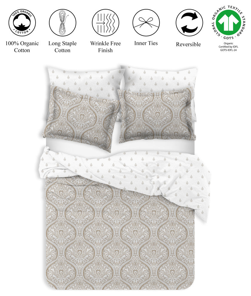Delara GOTS Organic Cotton Paisley Reversible Print Duvet Cover Set, Queen(88"x9