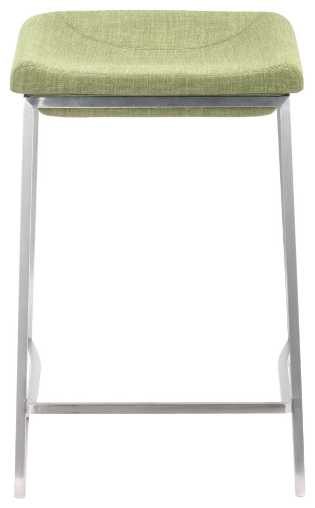Set of Two Heathered Green and Stainless Indented Counter Stools
