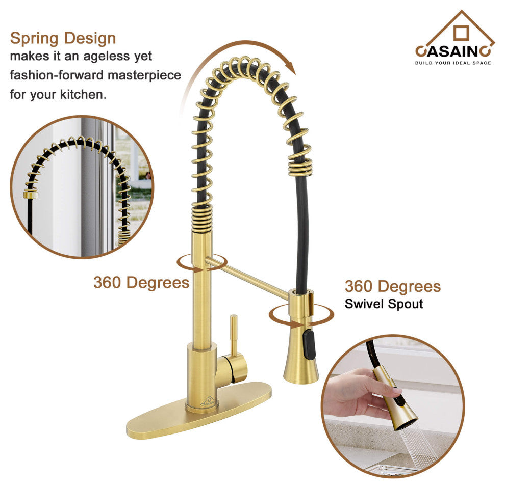 Spring Standard Kitchen Faucet with Dual-Function Spray Head and Deck Plate, Brushed Gold