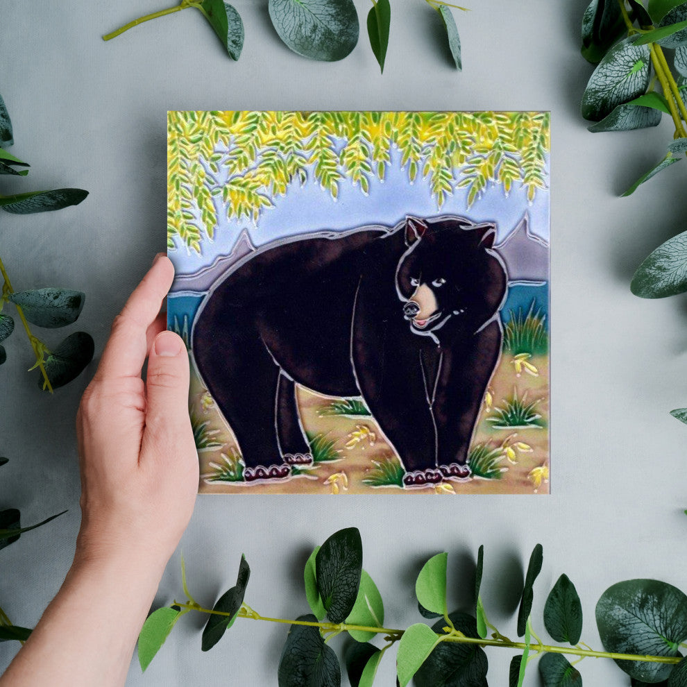 8x8" Black Bear With Tree Ceramic Art Tile Hand Painted Trivet Hot Plate