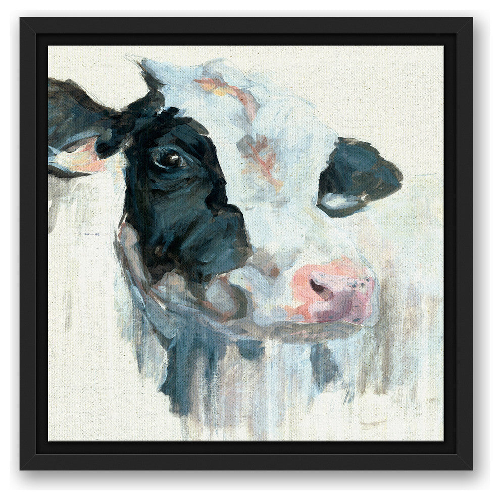 Curious Painted Dairy Cow 12x12 Black Floating Framed Canvas