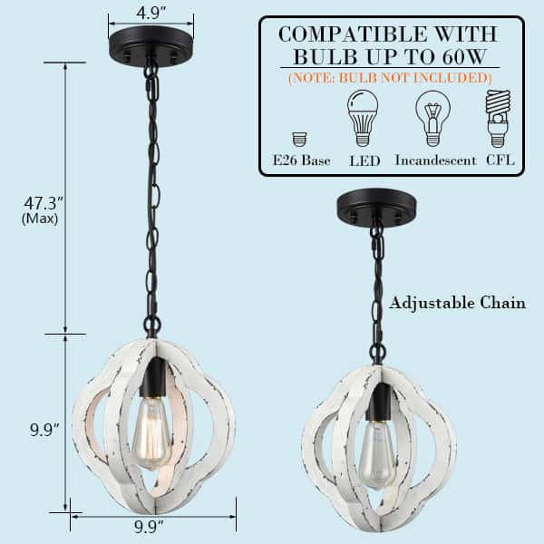 Farmhouse Wooden Pendant Light Hanging Ceiling Light, White