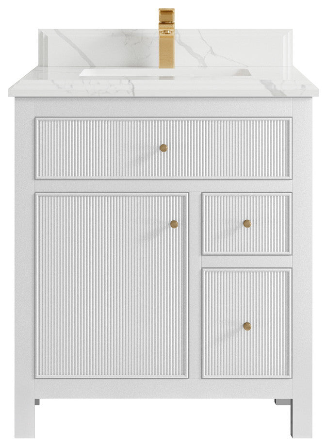 Sonoma 30 Single Sink Reeded Bath Vanity in White 1.5" Calacatta Laza