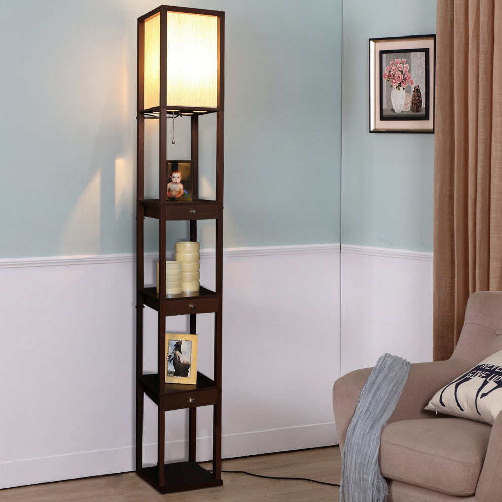 Brightech Maxwell Drawer Edition - Shelf & LED Floor Lamp Combination, Havana Brown