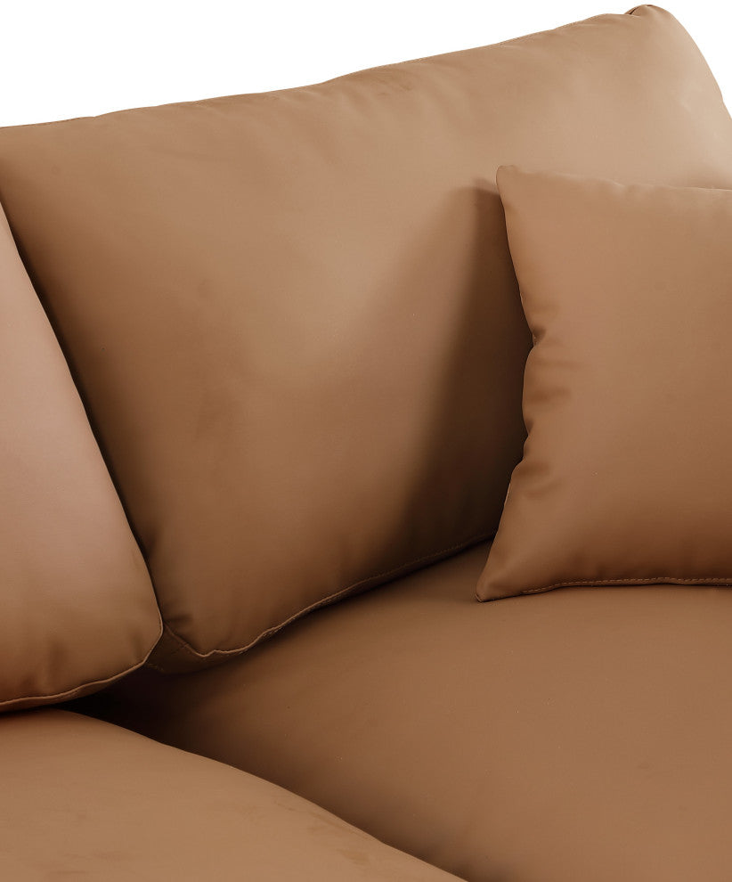 Comfy Upholstered L-Shaped Modular Sectional, Cognac, 7-Piece: 4 Armless Chair, 1 Corner Chair, 2 Ottoman, Vegan Leather