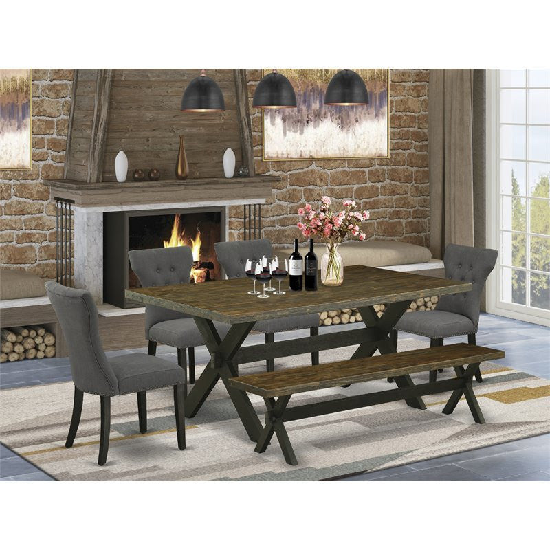 6-Piece Set, Dark Gotham Gray Seat Chairs, Bench and Top Wood Table