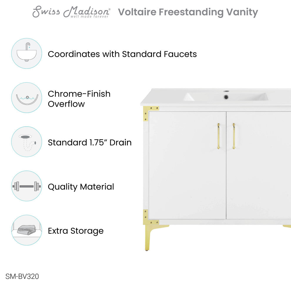 Voltaire 36" Single, Bathroom Vanity, White With Gold Hardware