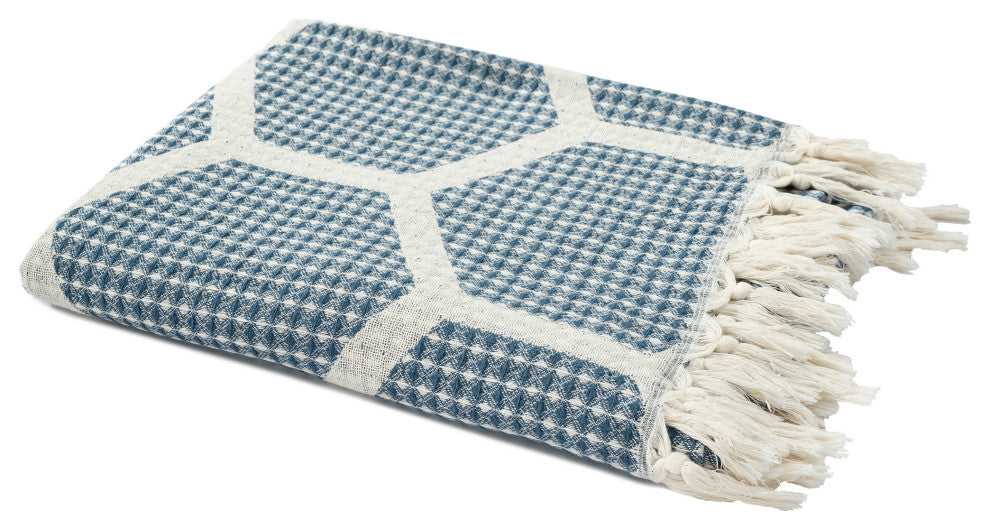 Blue/ Cream Geometric Turkish Organic Cotton Throw Blanket, Blue