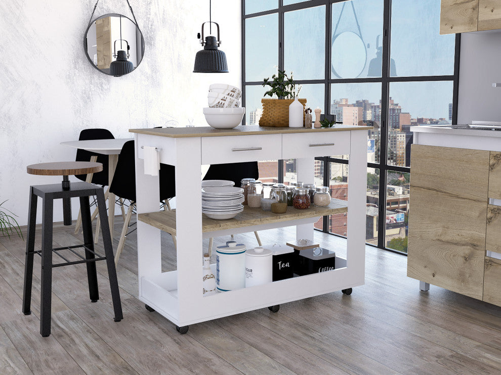 Brooklyn 80 Light Oak Accented Kitchen Island, with shelves and drawers - White