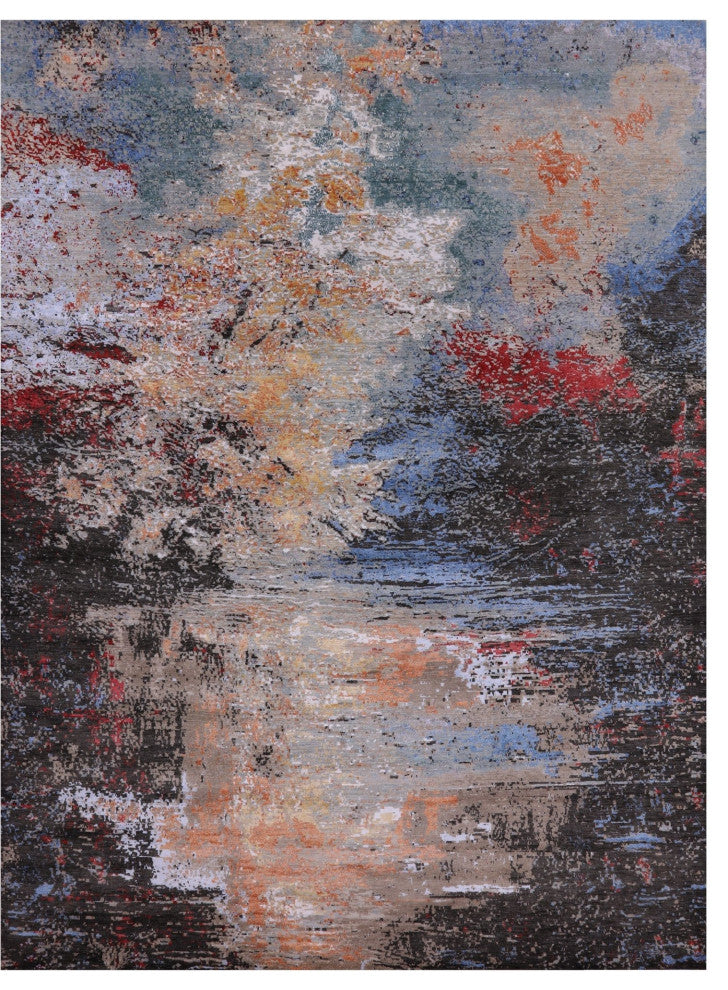 9' 1" X 12' 1" Wool and Silk Abstract Hand-Knotted Rug Q8868