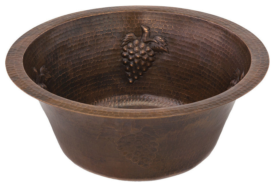 16" Round Copper Bar Sink With Grapes and 2" Drain Opening
