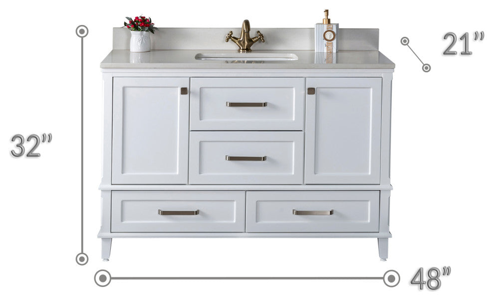 Nera Collection 48" Bath Vanity Quartz Top and Ceramic Sink, White, 48"