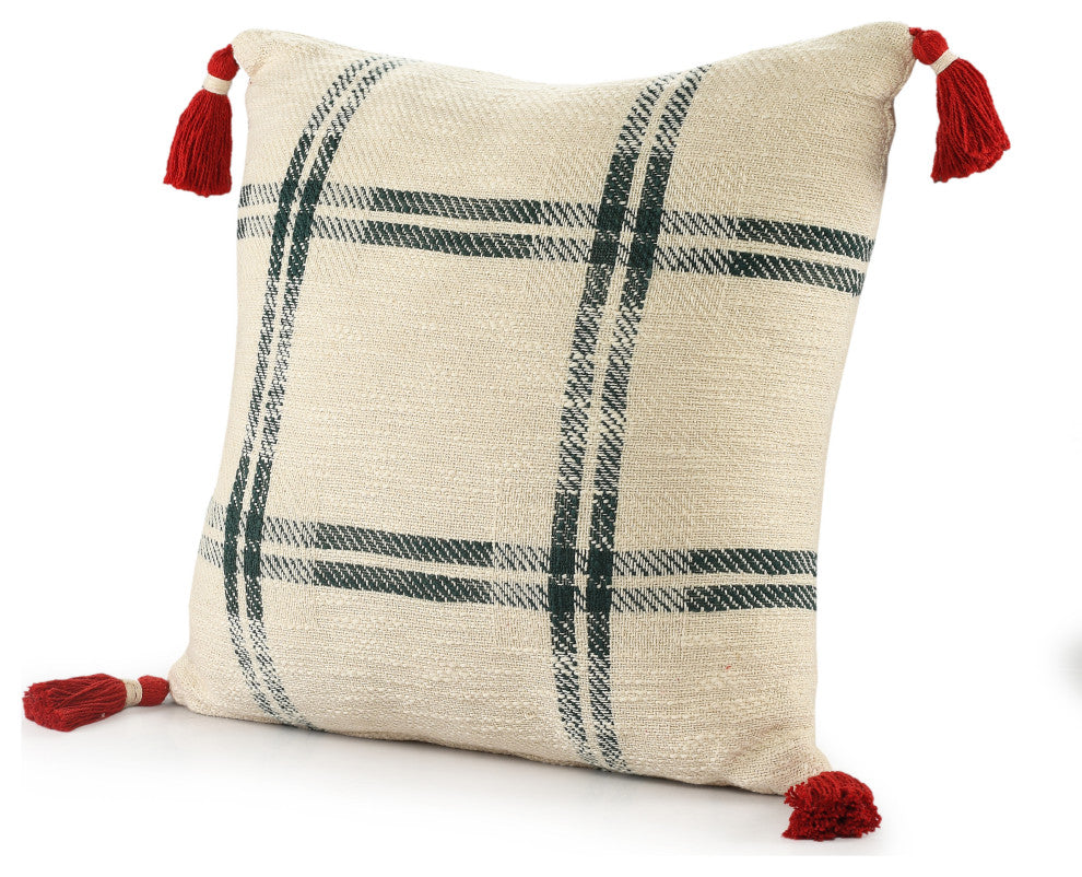 Ox Bay Handwoven Cream/Green Plaid Organic Cotton Pillow Cover, 20"x20"