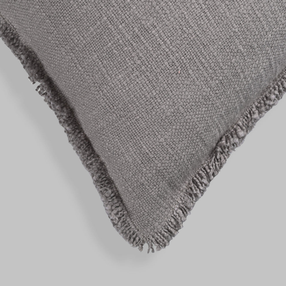 Organic Chic Washed Textured Lumbar Pillow With Frayed Edges, Shade Gray