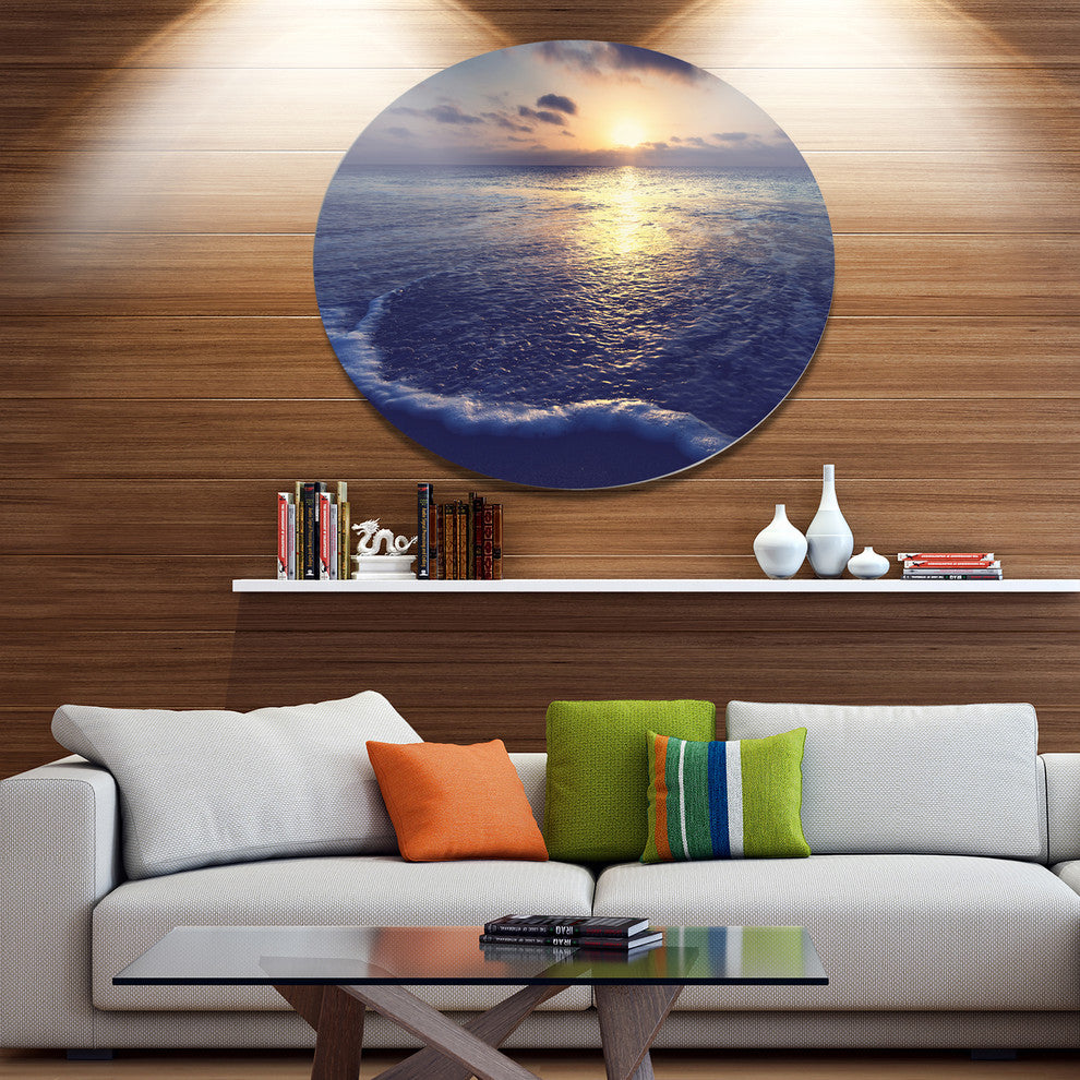 Tranquil Blue Beach At Sunset, Seashore Round Metal Wall Art, 36"