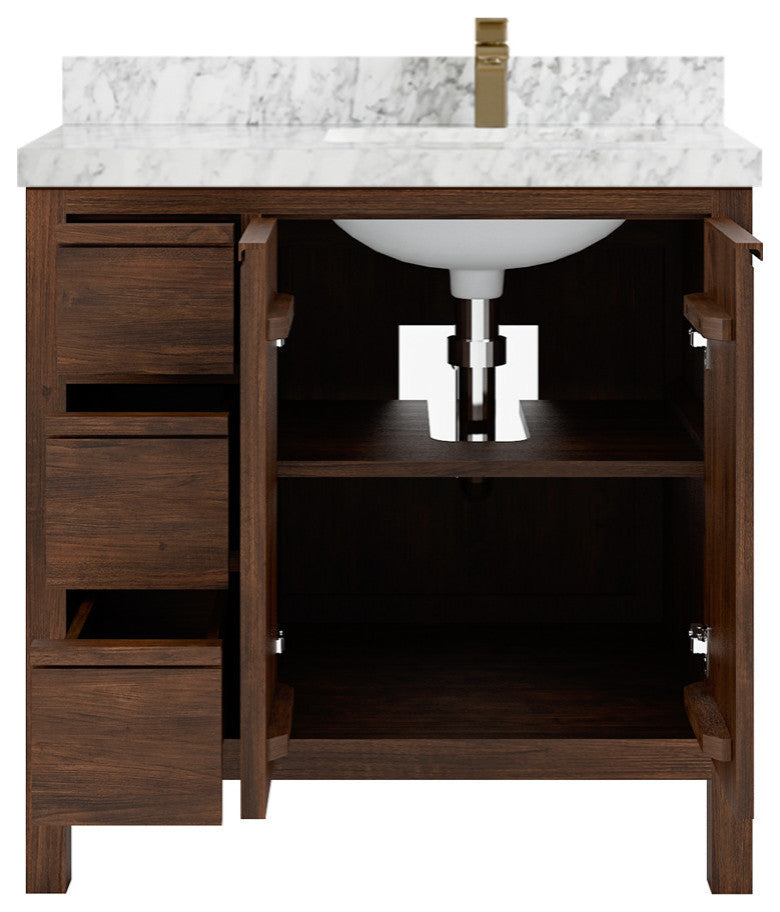 Elizabeth 36 Right Offset Bath Vanity in Dark Walnut Teak 2" Carrara Marble